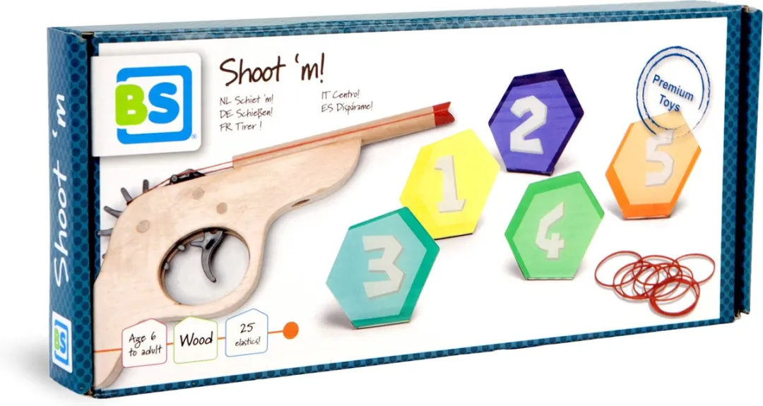 BS Toys Schiet 'm! Elastiekpistool Hout - Coördinatiespel - 5 Doelen
