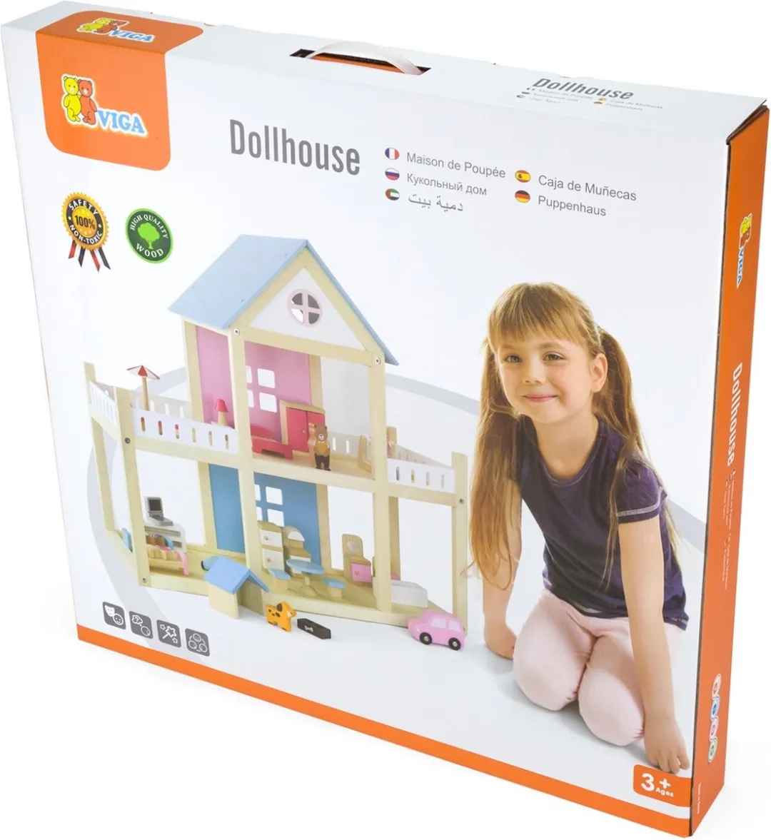 Viga Toys Houten Poppenhuis met Inrichting - 14 Meubels, 3 Poppen - Multicolor