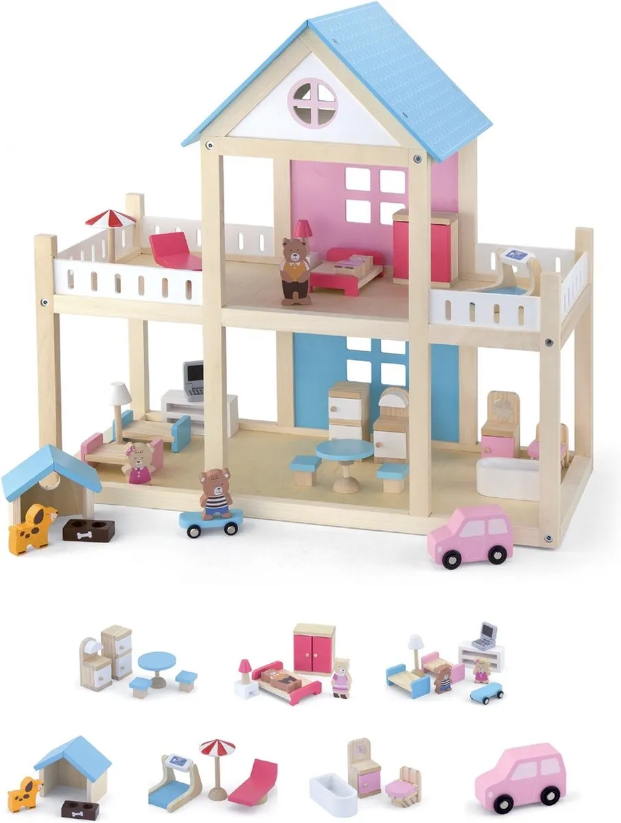 Viga Toys Houten Poppenhuis met Inrichting