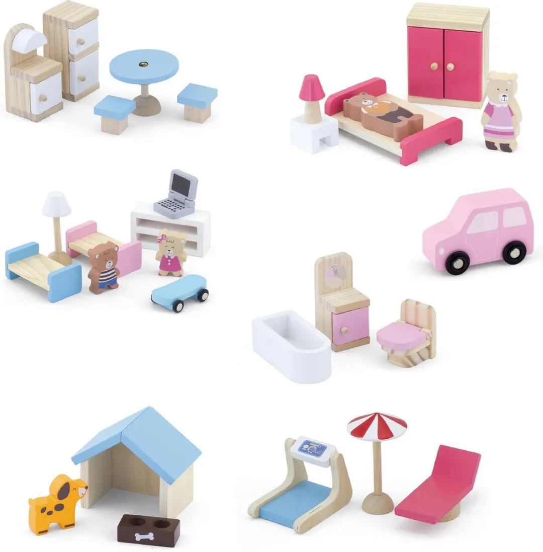 Viga Toys Houten Poppenhuis met Inrichting - 14 Meubels, 3 Poppen - Multicolor