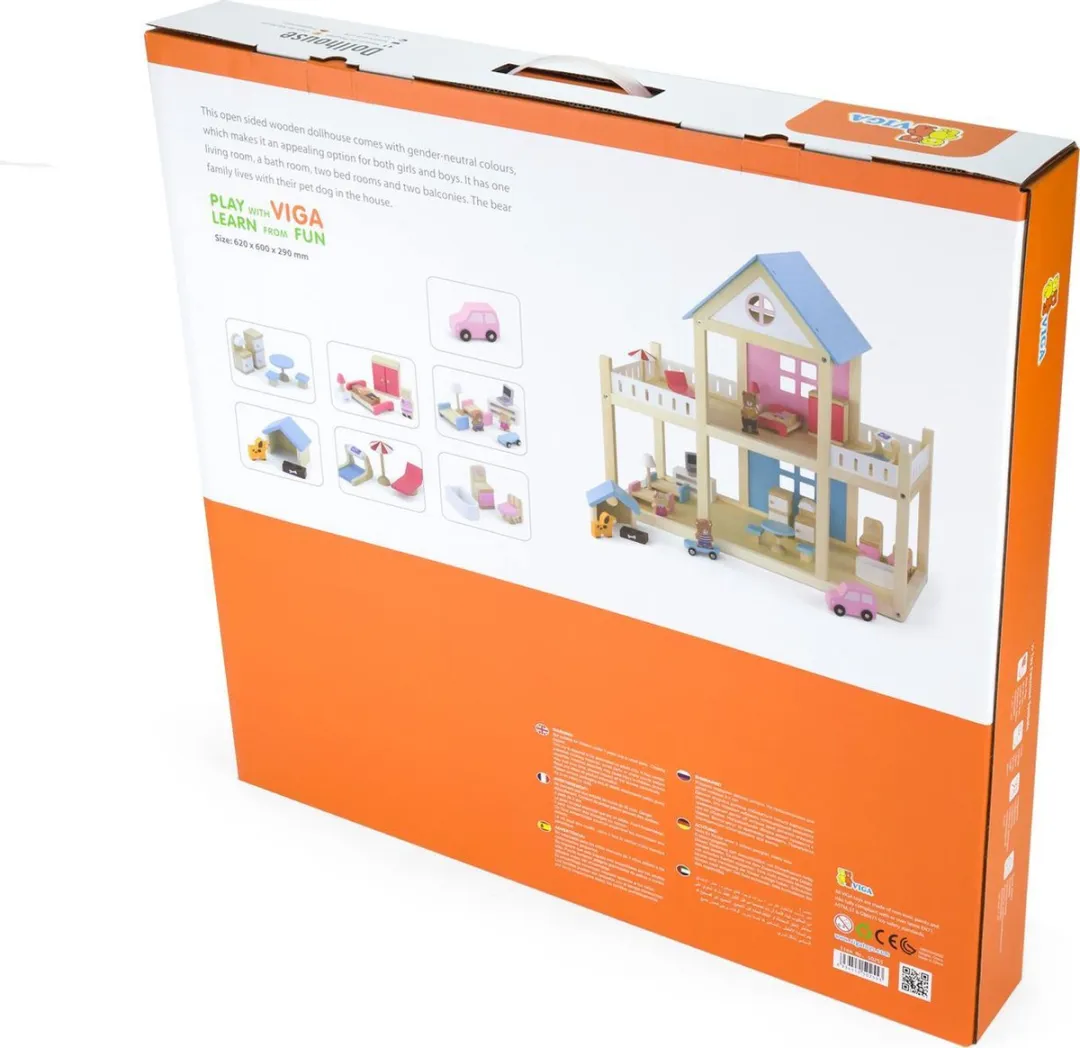 Viga Toys Houten Poppenhuis met Inrichting - 14 Meubels, 3 Poppen - Multicolor