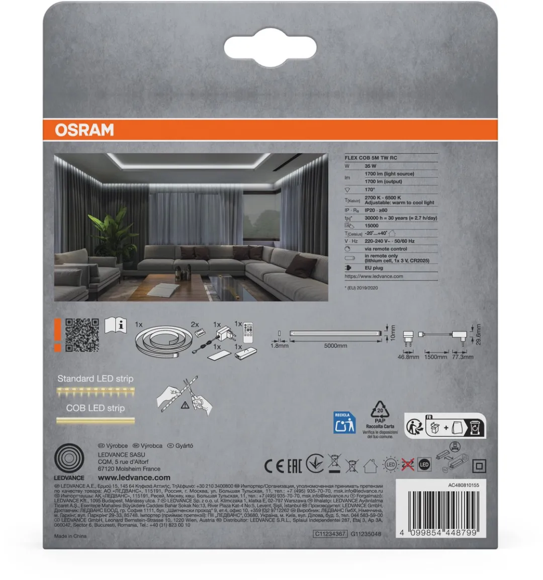 Osram Flex COB 5M LED Strip TW RC - 30W 1700lm - Warm/Koud Wit
