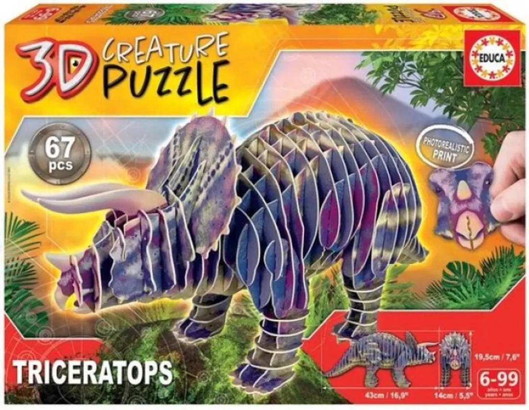 Educa Triceratops 3D Kartonnen Puzzel ED19183 - 3 Stuks - Multicolor
