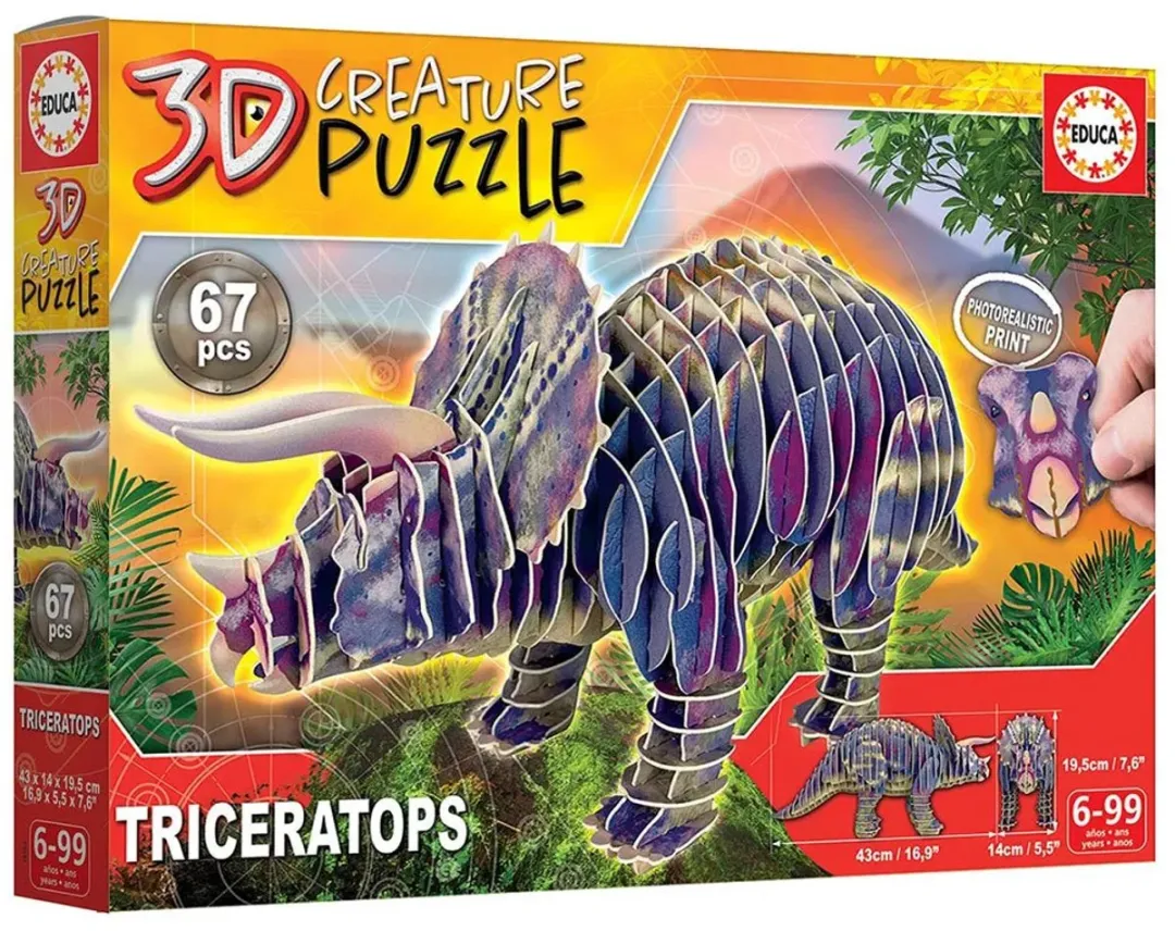 Educa Triceratops 3D Kartonnen Puzzel ED19183 - 3 Stuks - Multicolor