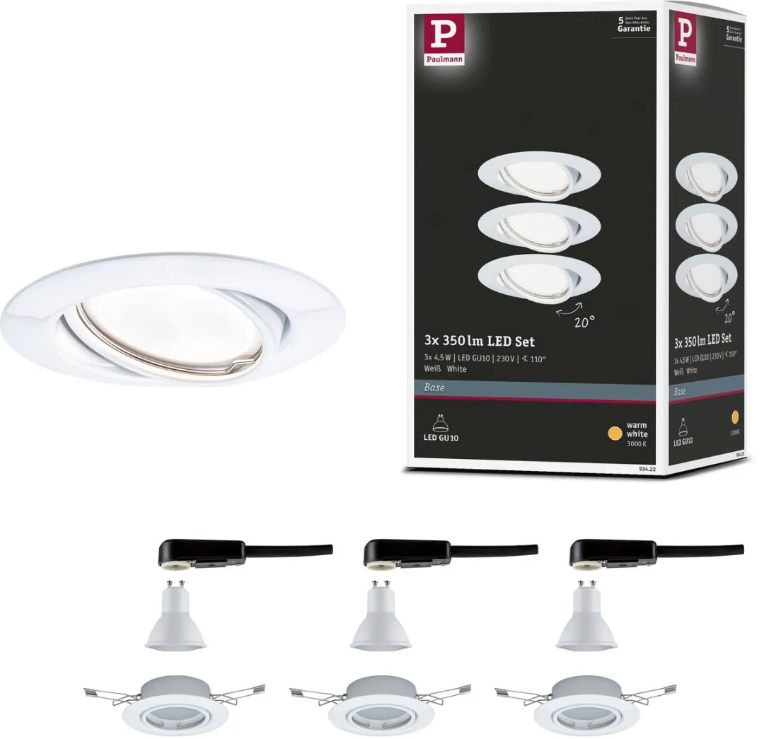 Paulmann Base Basisset LED-inbouwlamp 3x5W 350lm 90mm - 3000K Wit