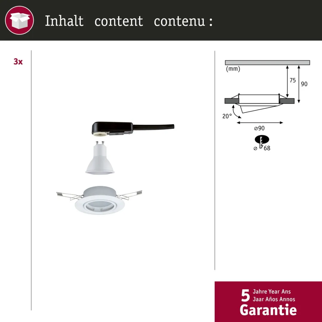 Paulmann Base Basisset LED-inbouwlamp 3x5W 350lm 90mm - 3000K Wit - afbeelding 6 van 6