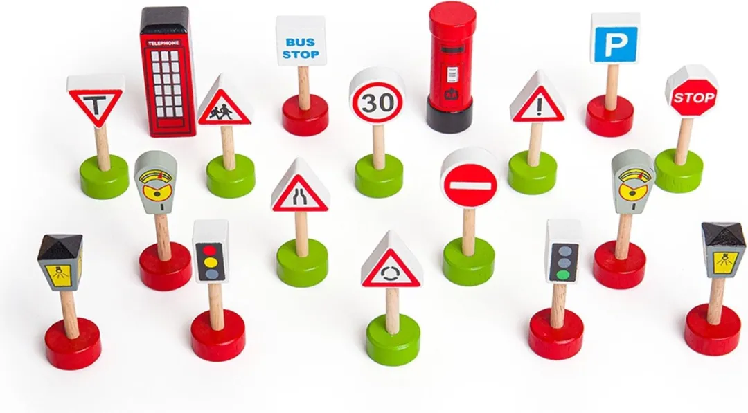 BIGJIGS Houten Verkeersborden BJT061 - 18-delig - Multi