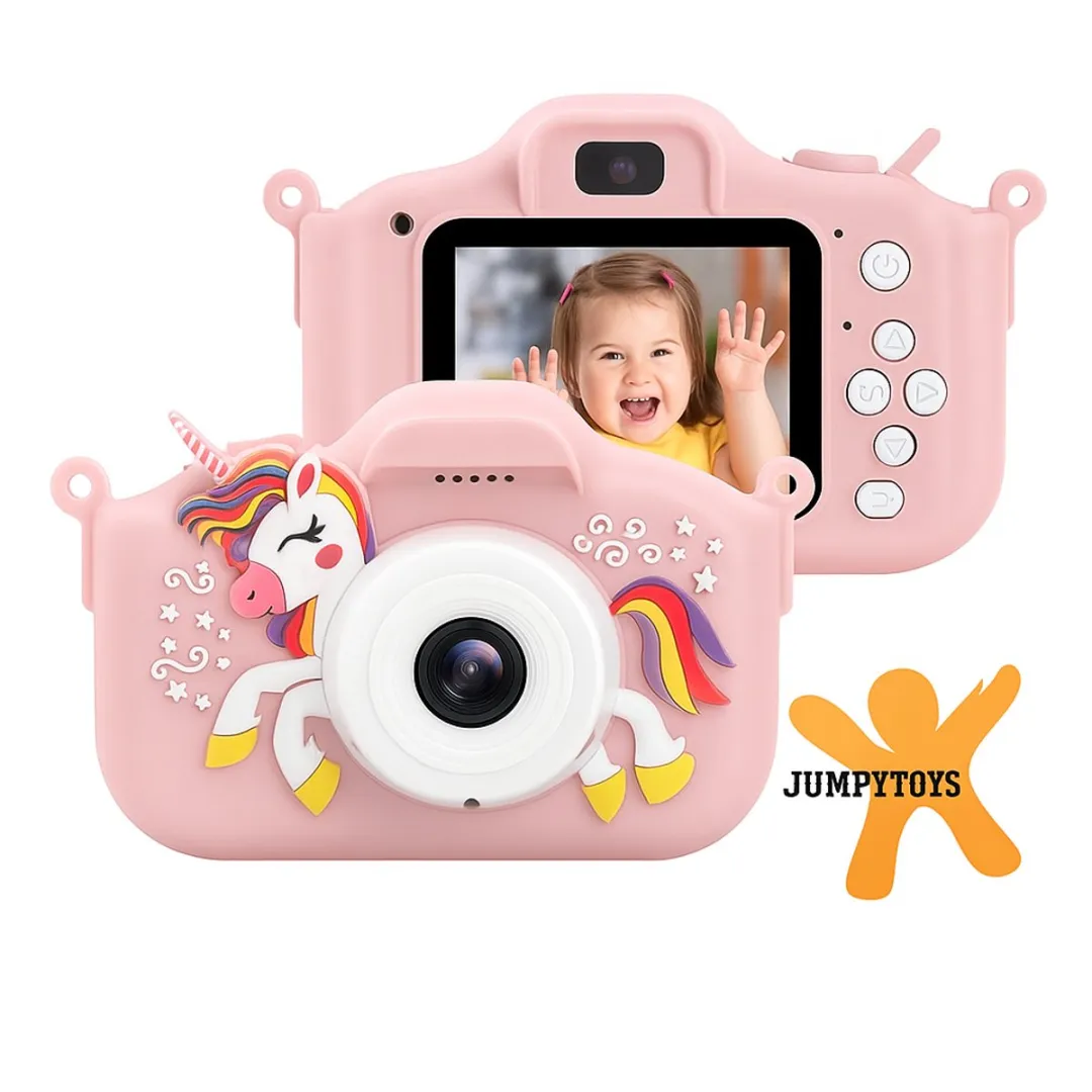 Unicorn Roos - JUMPYTOYS Digitale Kindercamera HD 1080p inclusief 5 digitale games - Speelgoedcamera - 32GB micro sd kaart - Fototoestel Voor Kinderen - Selfie Camera