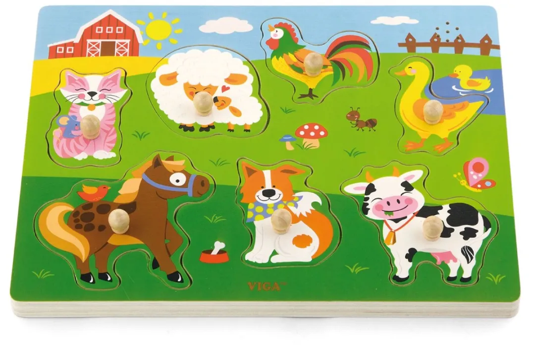 Viga Toys Vormenpuzzel Boerderij Geluid - 10 Stuks - Multicolor