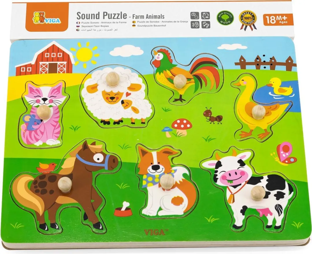 Viga Toys Vormenpuzzel Boerderij Geluid - 10 Stuks - Multicolor