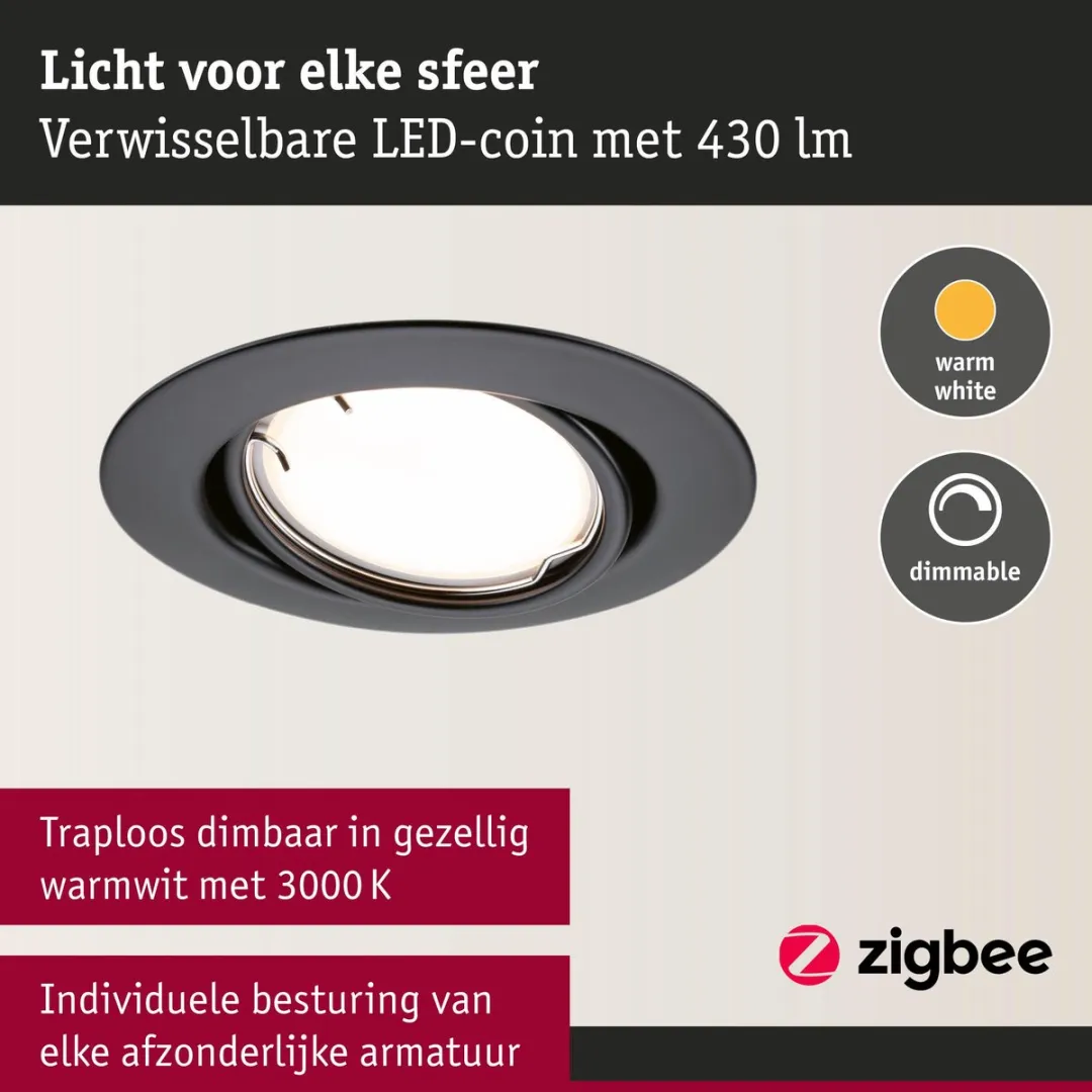 Paulmann LED-inbouwlamp Smart Home Zigbee 3.0 Coin Basisset - 3x430lm 27W 3000K - Zwart mat