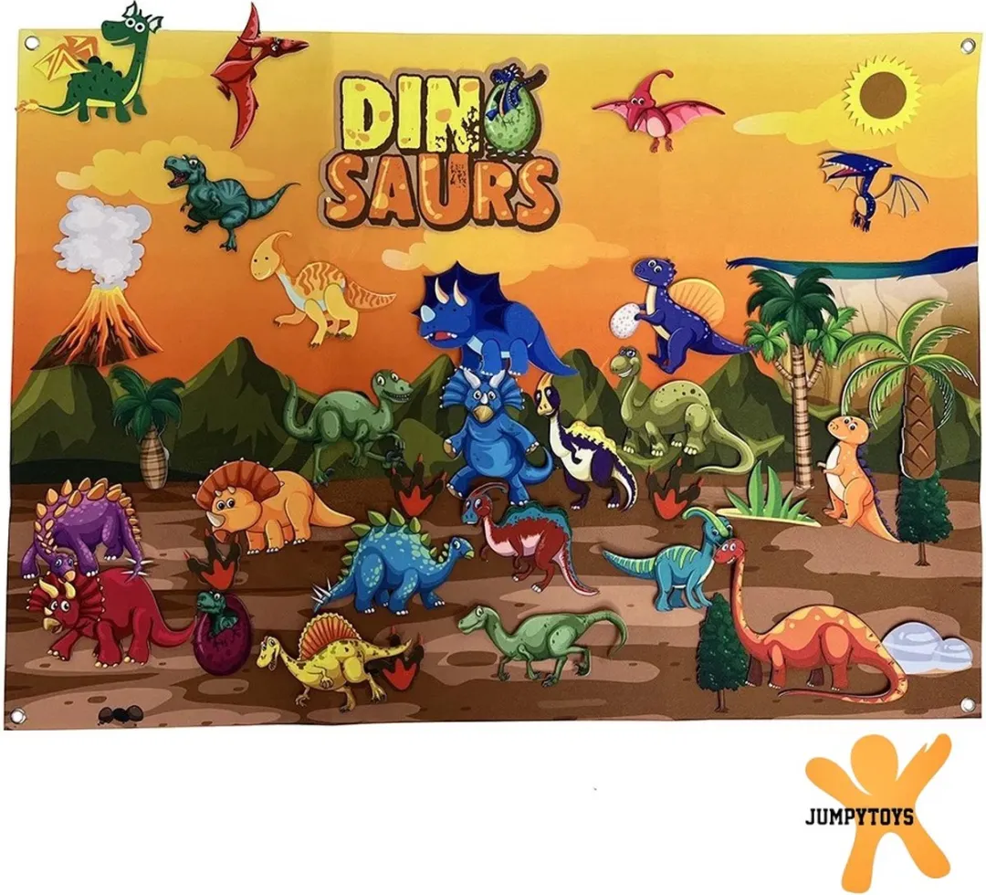 Jumpytoys - Viltbord Dinosauriërs- Velcro speelbord - Educatief speelgoed - 30/50 Dinosauriërs/Planten/Etc - Thema Dinosauriërs - Spelbord Velcro