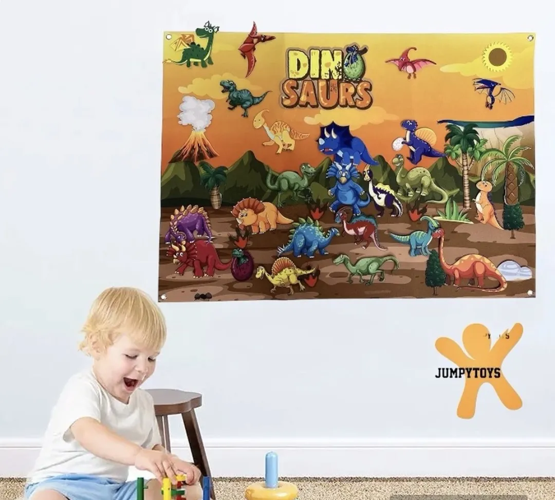 Jumpytoys - Viltbord Dinosauriërs- Velcro speelbord - Educatief speelgoed - 30/50 Dinosauriërs/Planten/Etc - Thema Dinosauriërs - Spelbord Velcro