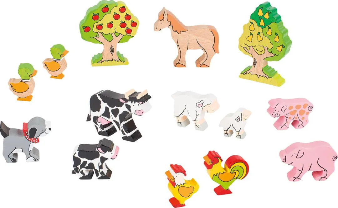 Goki Houten Figuren Boerderijdieren Set 14-delig - 2,5-11,5cm - Multi