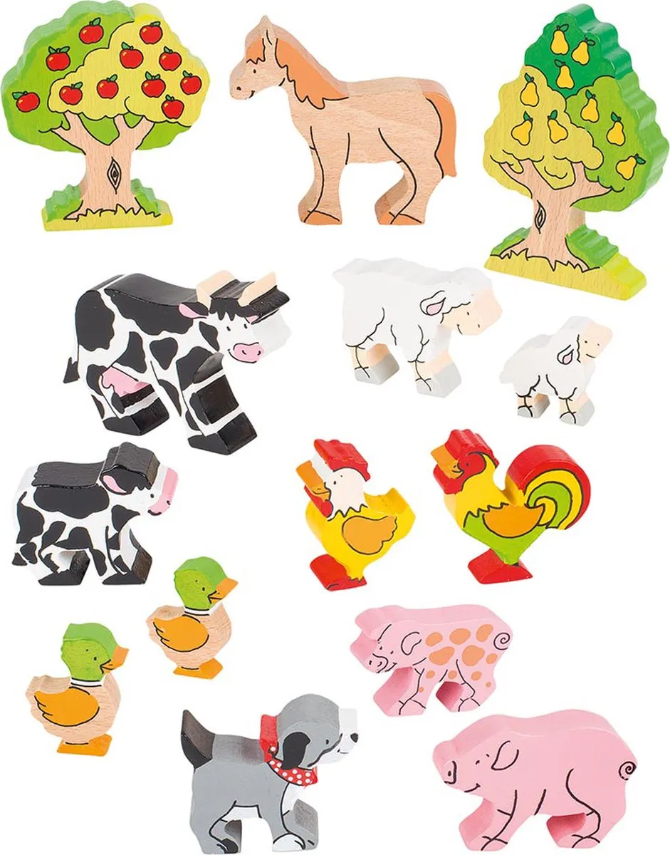 Goki Houten Figuren Boerderijdieren Set 14-delig - 2,5-11,5cm - Multi