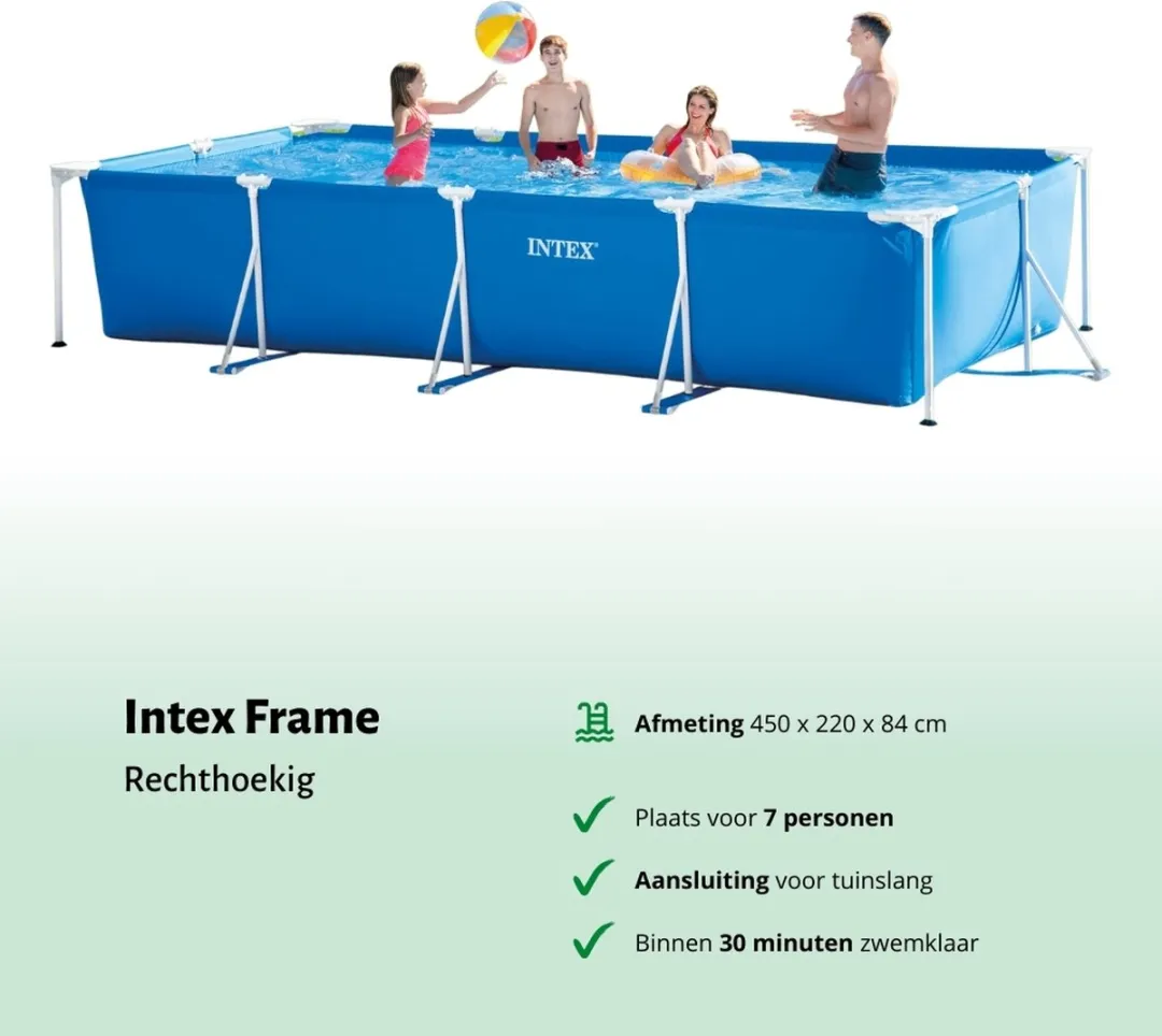 Intex Rechthoekig Frame Zwembad - 450 x 220 x 84 cm - Blauw - Inclusief Afdekzeil - Onderhoudspakket - Zwembadfilterpomp - Solar Mat