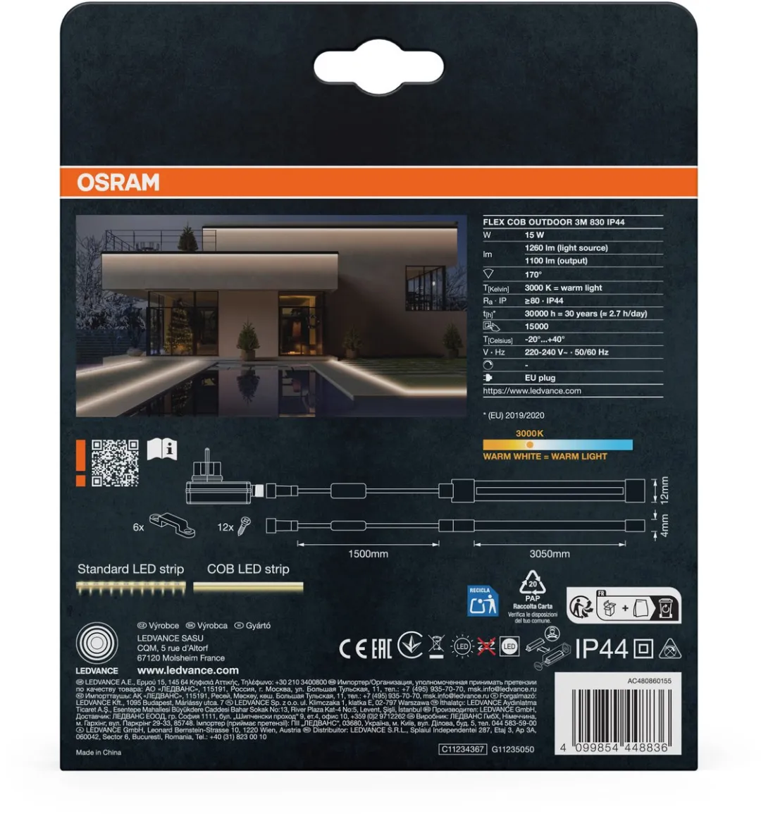 Osram Flex COB IP44 LED Strip 3M - 13W 1900lm Warm Wit 3000K