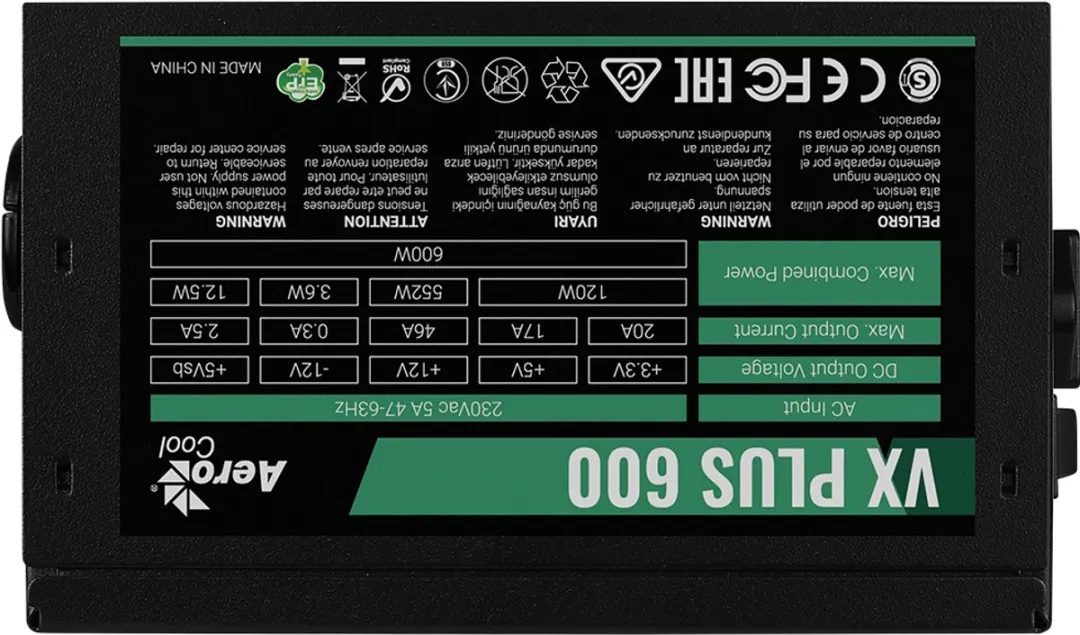 Aerocool VX PLUS 600 power supply unit 600 W 20+4 pin ATX ATX Zwart