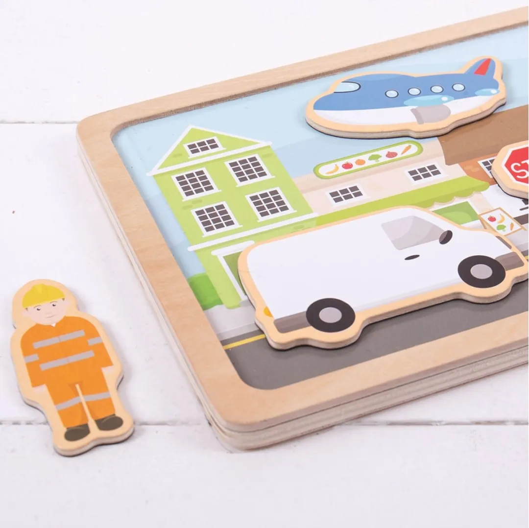 BIGJIGS Houten Magneetset Stad Puzzel - 10 Stuks - Multikleur