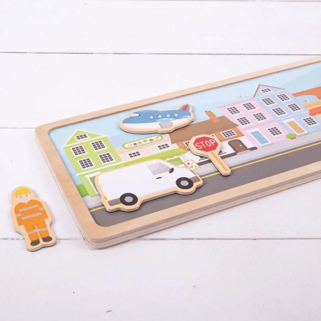 BIGJIGS Houten Magneetset Stad Puzzel - 10 Stuks - Multikleur