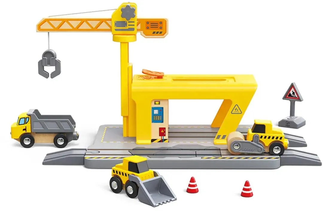 Hape E3878 Houten Treinbaan Constructiekraan - 14 Onderdelen - Multicolor