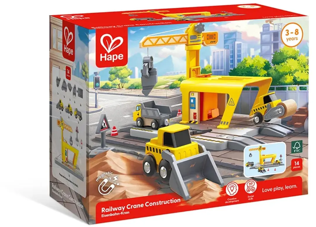 Hape E3878 Houten Treinbaan Constructiekraan - 14 Onderdelen - Multicolor