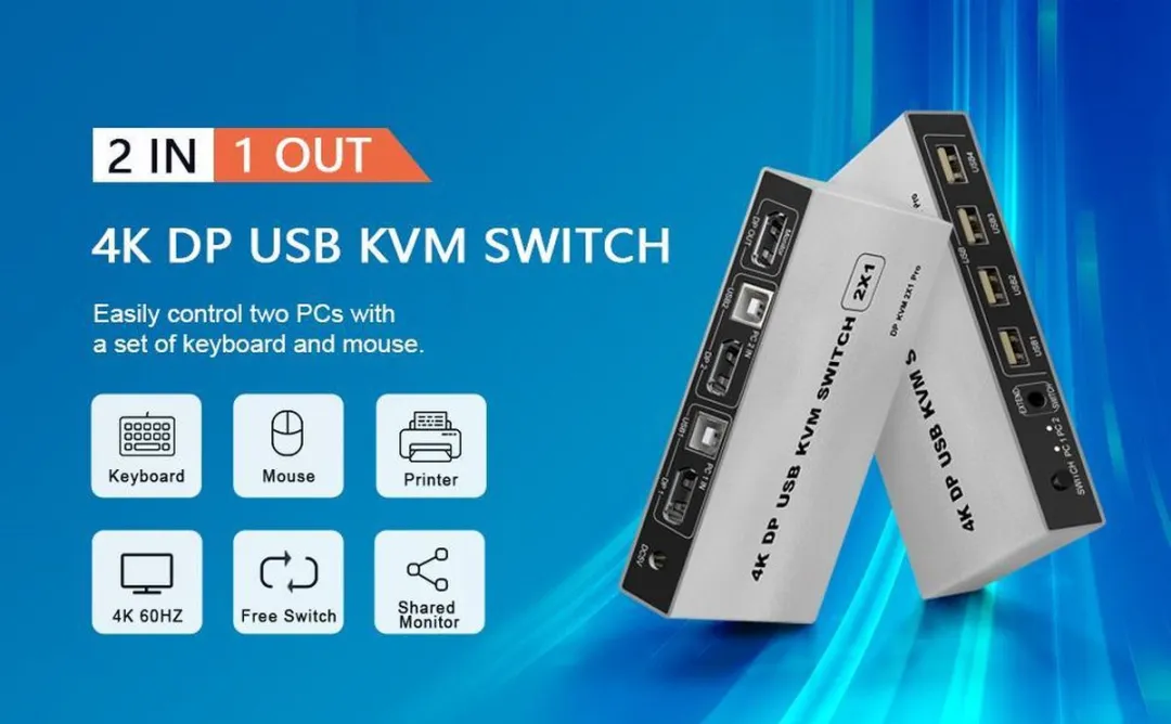 NÖRDIC KVM-101 KVM Switch 2x PC naar 1x DP 4K60Hz - Grijs