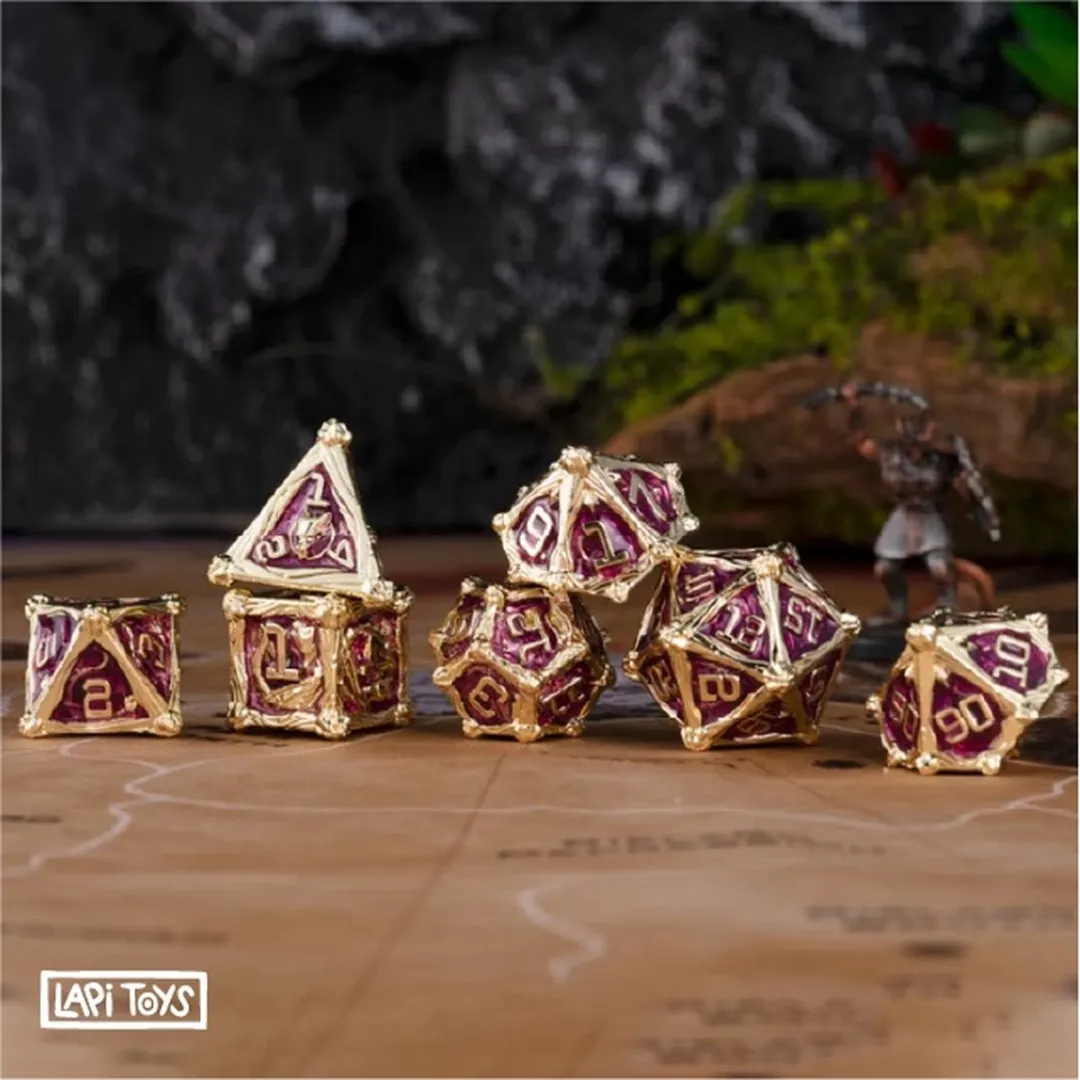 Lapi Toys DnD Polydice Metalen Dobbelstenen - 7 Stuks - Rood/Goud