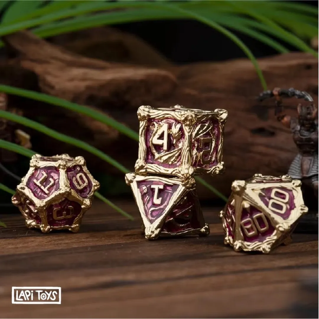 Lapi Toys DnD Polydice Metalen Dobbelstenen - 7 Stuks - Rood/Goud