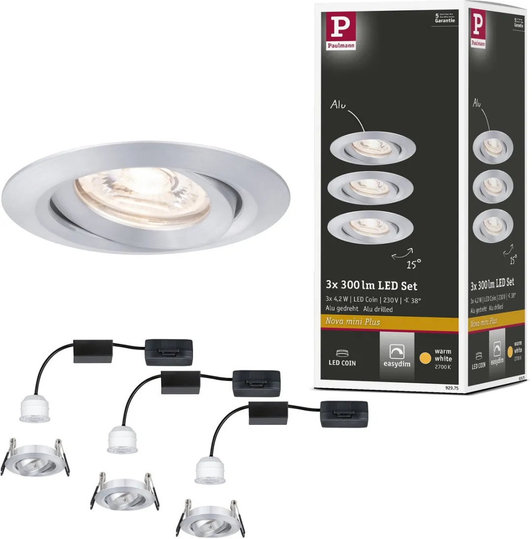 Paulmann LED-inbouwlamp Easy Dim Nova Mini Plus Coin Basisset 3x4,2W - 300lm - 2700K - Alu