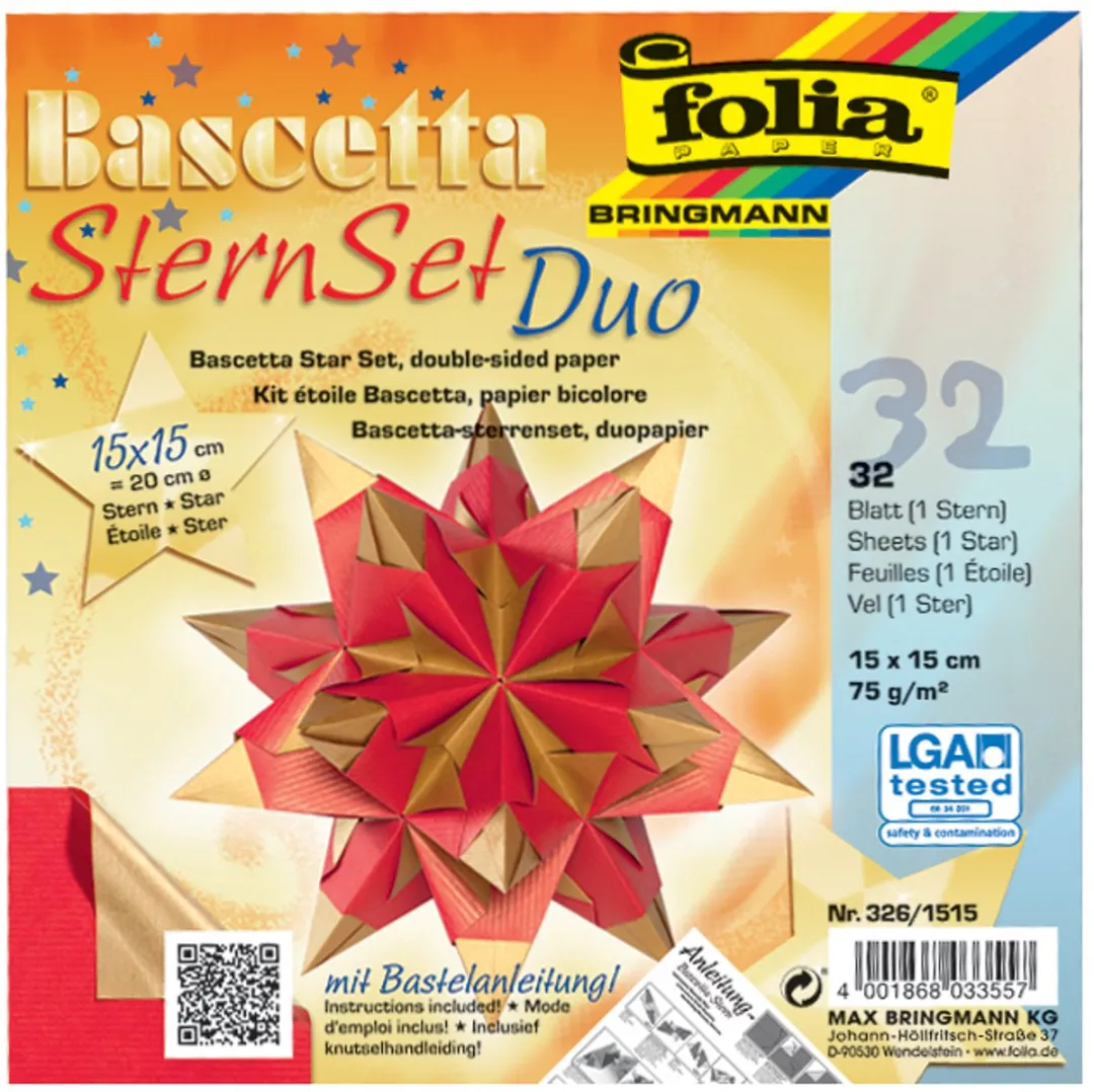 Folia Vouwbladen Bascetta-ster 15x15cm - Rood/groen - 32 Vel