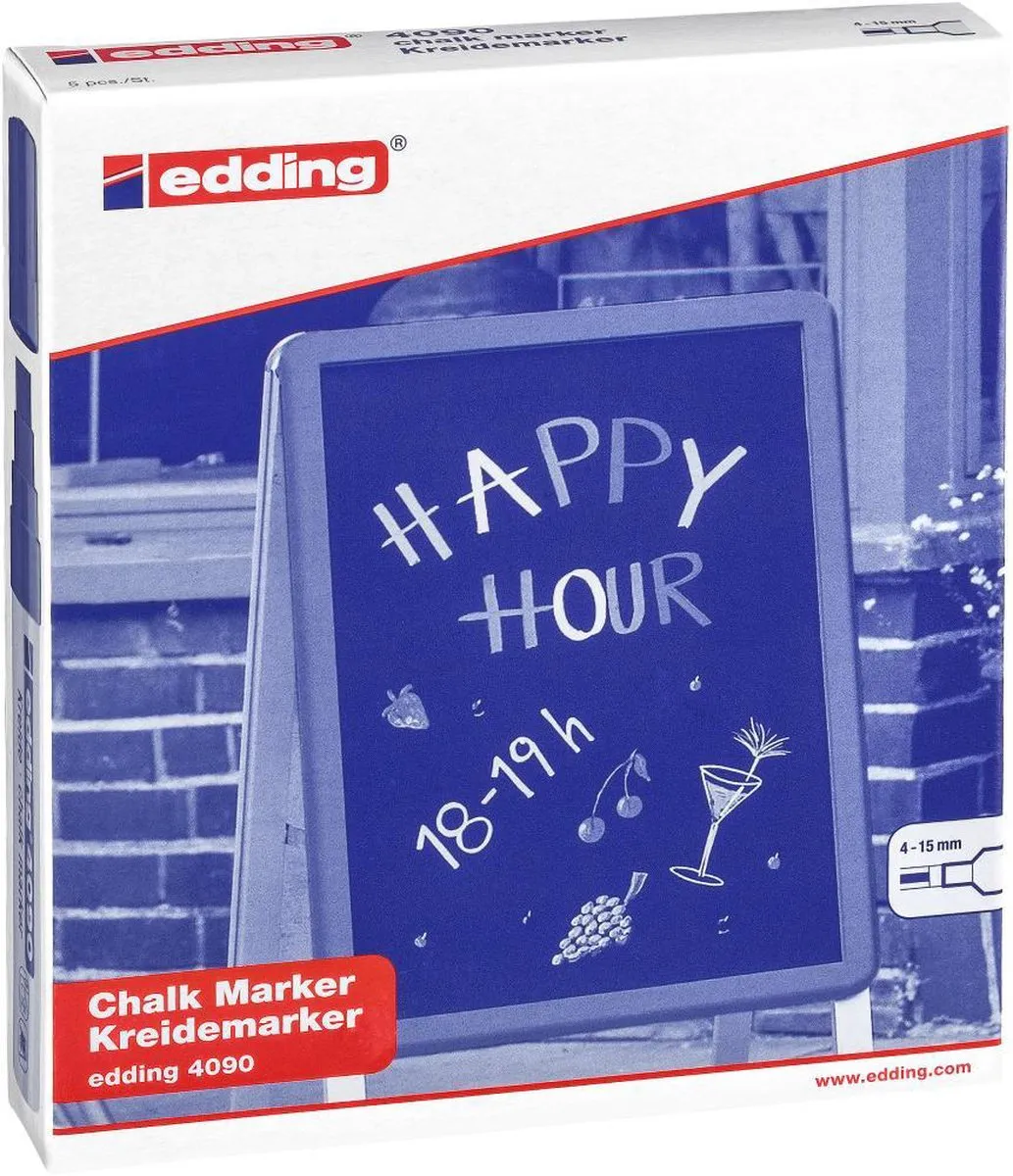 edding 4090 krijtmarker - diverse kleuren - 5 raamstiften - beitelvormige punt 4-15 mm - raamstiften voor borden, ruiten, glas, spiegels - krijtstift voor ramen zijn afwasbaar en uitwisbaar