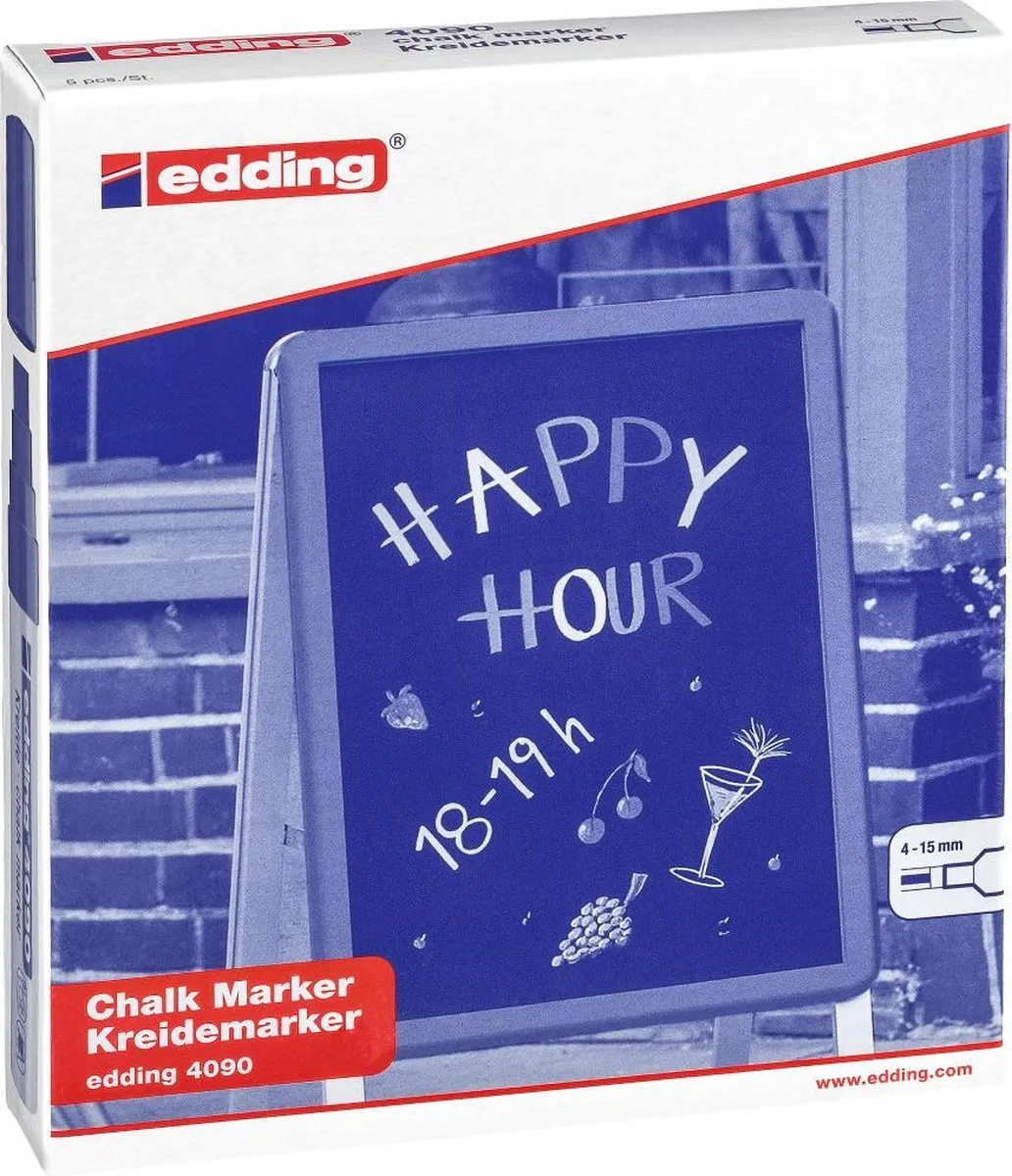 edding 4090 krijtmarker - diverse kleuren - 5 raamstiften - beitelvormige punt 4-15 mm - raamstiften voor borden, ruiten, glas, spiegels - krijtstift voor ramen zijn afwasbaar en uitwisbaar