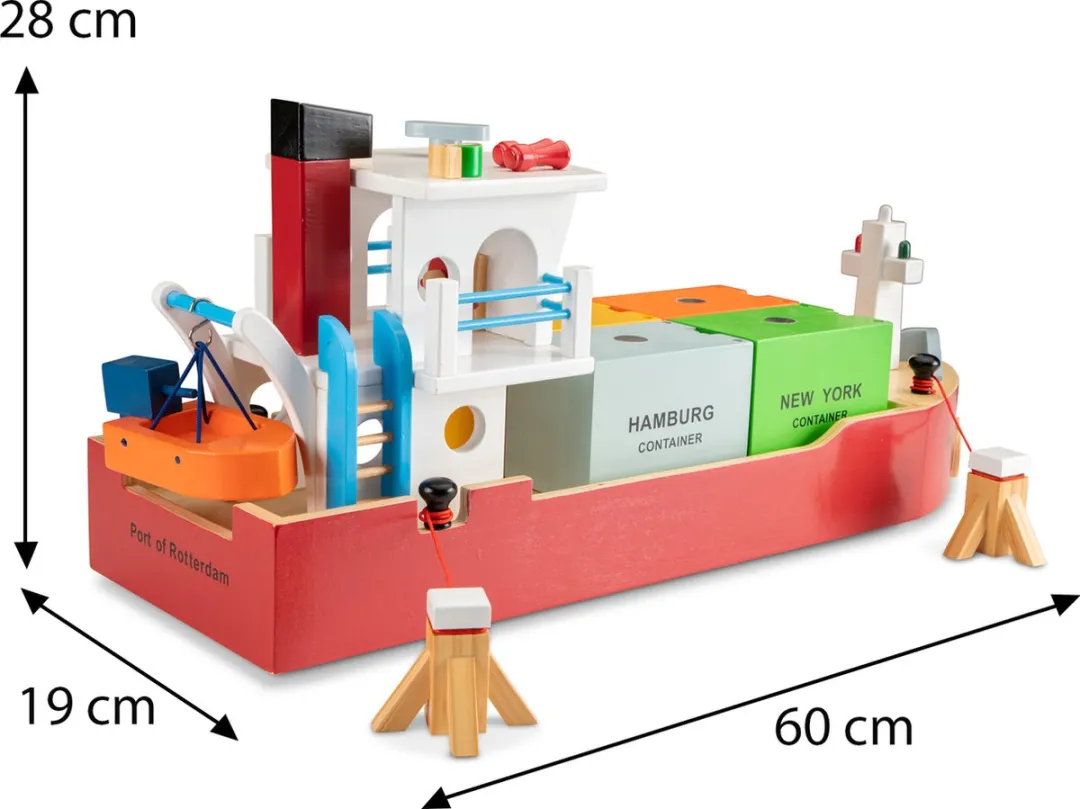 New Classic Toys® Grote Houten Speelgoed Containerboot - Inclusief 4 Containers