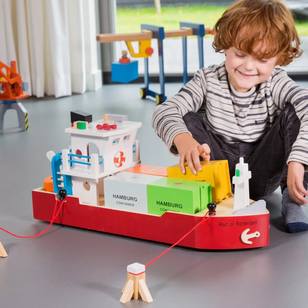 New Classic Toys® Grote Houten Speelgoed Containerboot - Inclusief 4 Containers