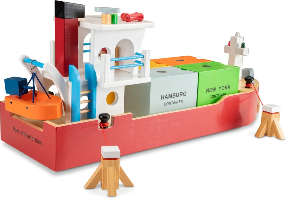 New Classic Toys® Grote Houten Speelgoed Containerboot - Inclusief 4 Containers