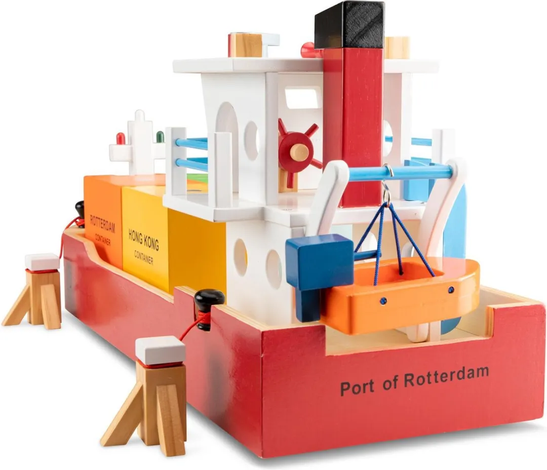 New Classic Toys® Grote Houten Speelgoed Containerboot - Inclusief 4 Containers