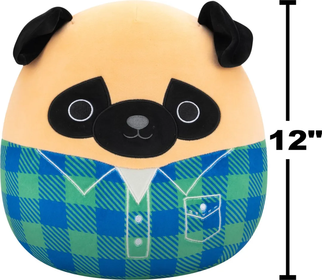 Squishmallows Prince Brown Pug 30cm Pluche - Groen/Blauw Flanel