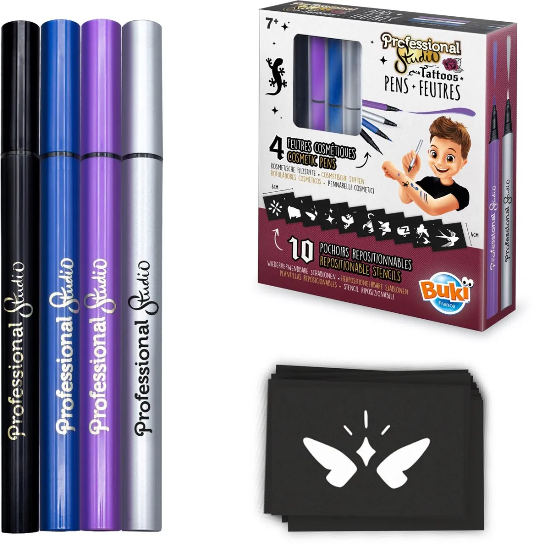 Buki France Marker Tattoo Studio - Zilver - 4 Stiften + 10 Sjablonen