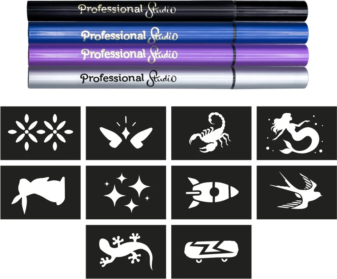 Buki France Marker Tattoo Studio - Zilver - 4 Stiften + 10 Sjablonen