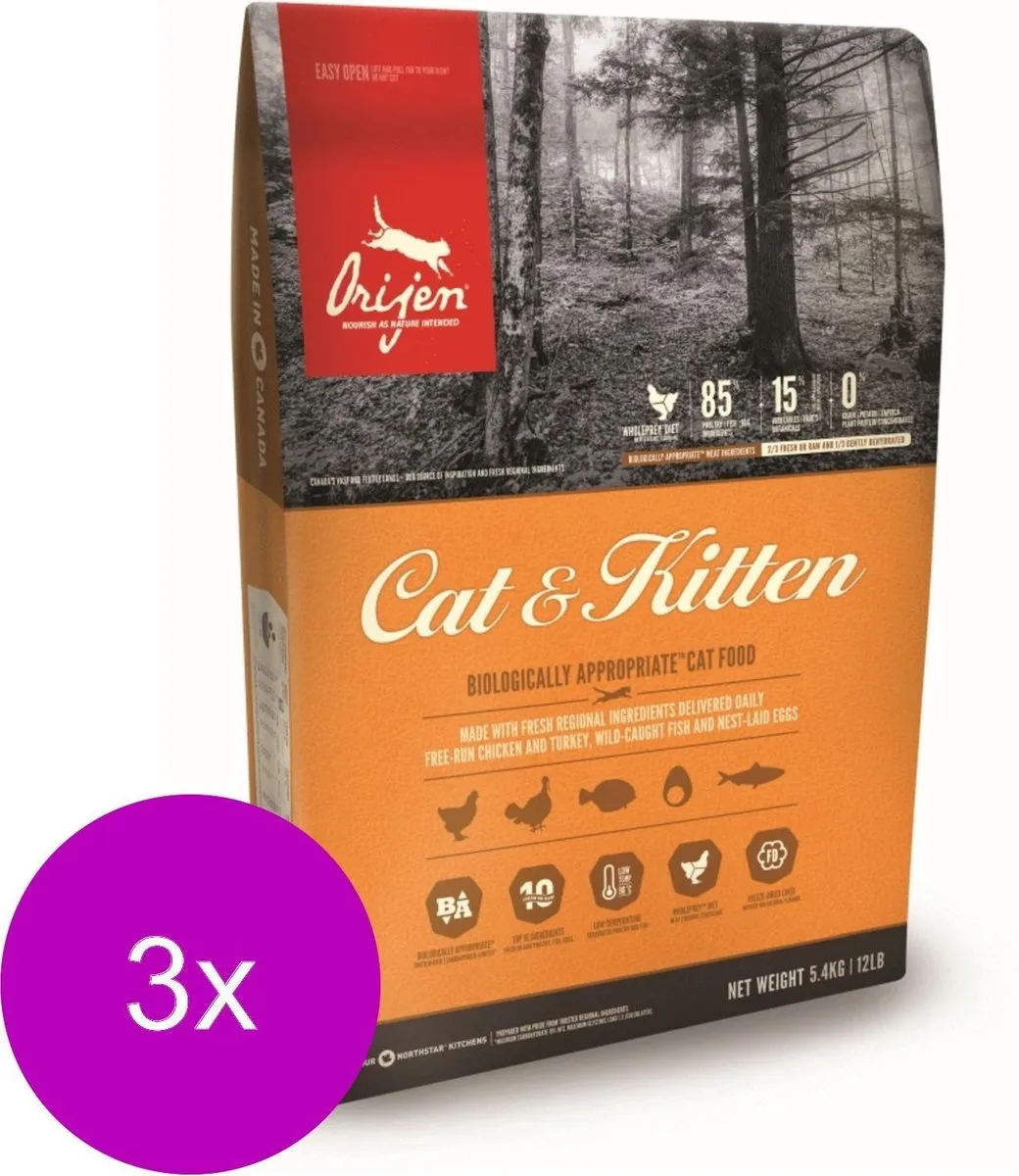 Orijen Whole Prey Kat & Kitten Kip Kalkoen 3x1.8kg