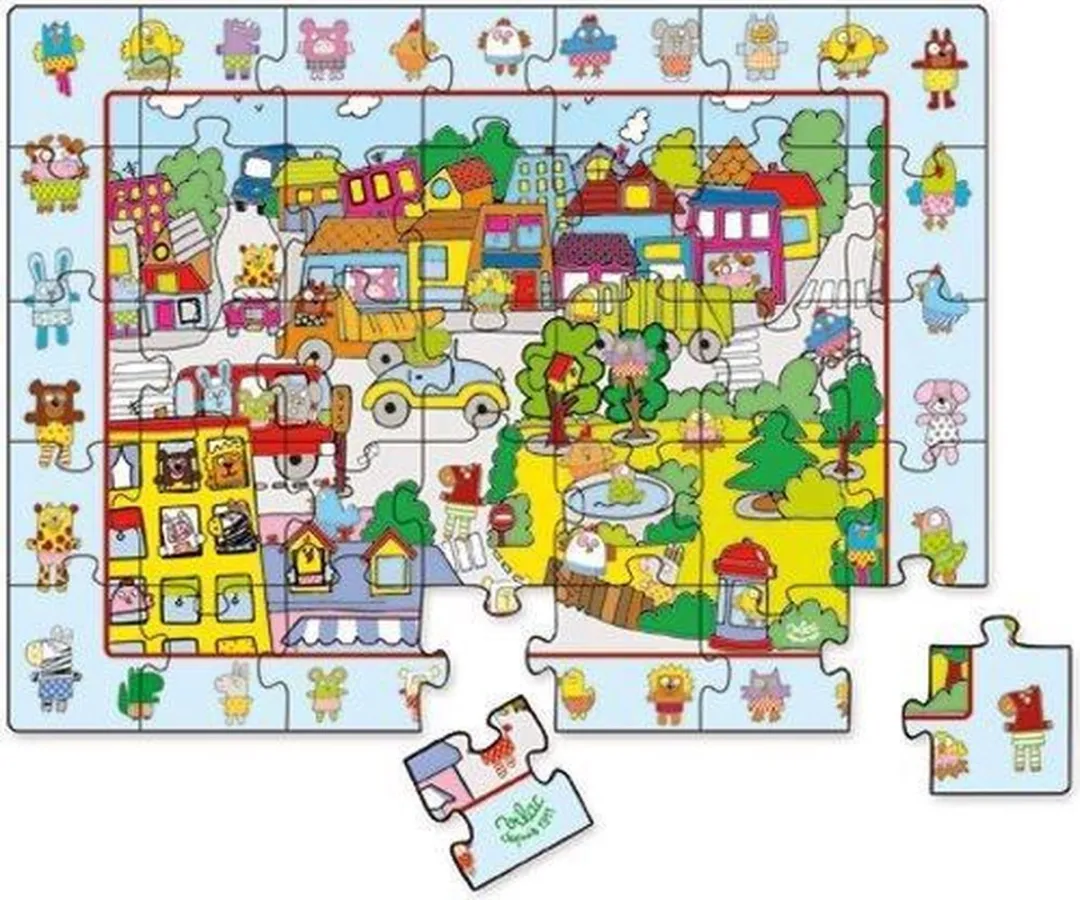 Vilac Dierenstad Houten Puzzel 35-delig - Blauw/Grijs/Rood