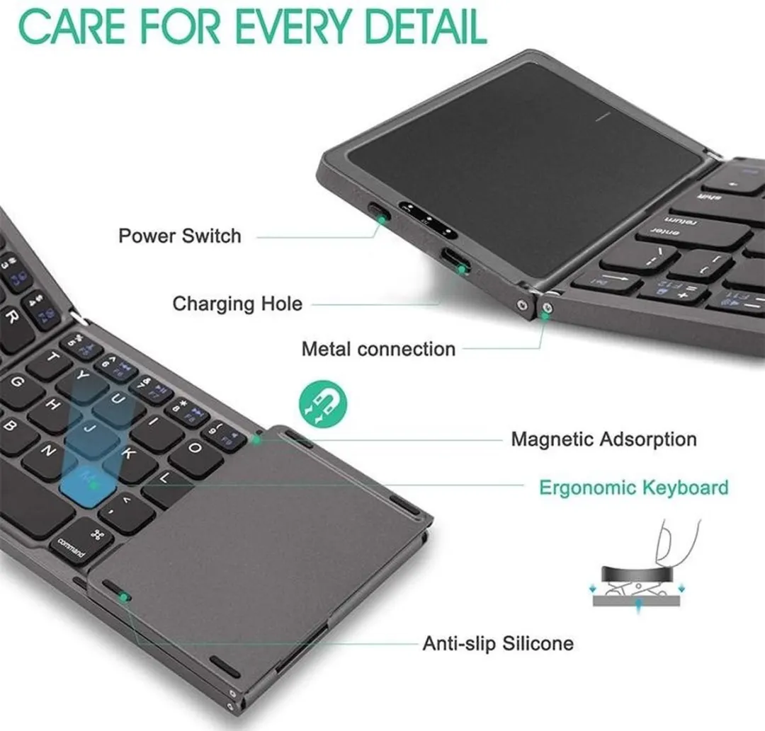 NÖRDIC KB-102 Opvouwbare Toetsenbord - USB-C - Bluetooth 5.0 - US Indeling - 64 Keys - Multipairing - IOS, Android, Windows