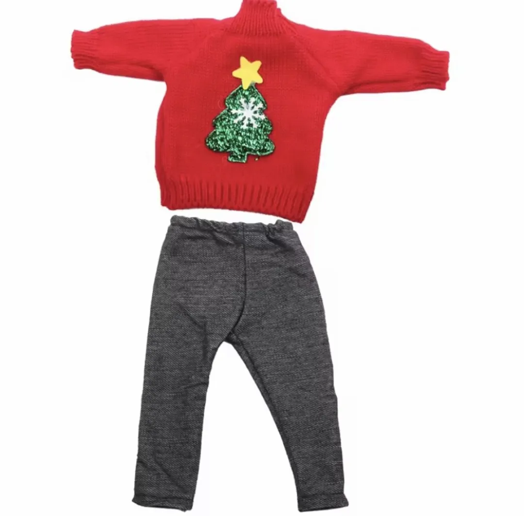 Happy U Kids Kerst Outfit Babypop - Rode Kersttrui met Boom & Spijkerbroek