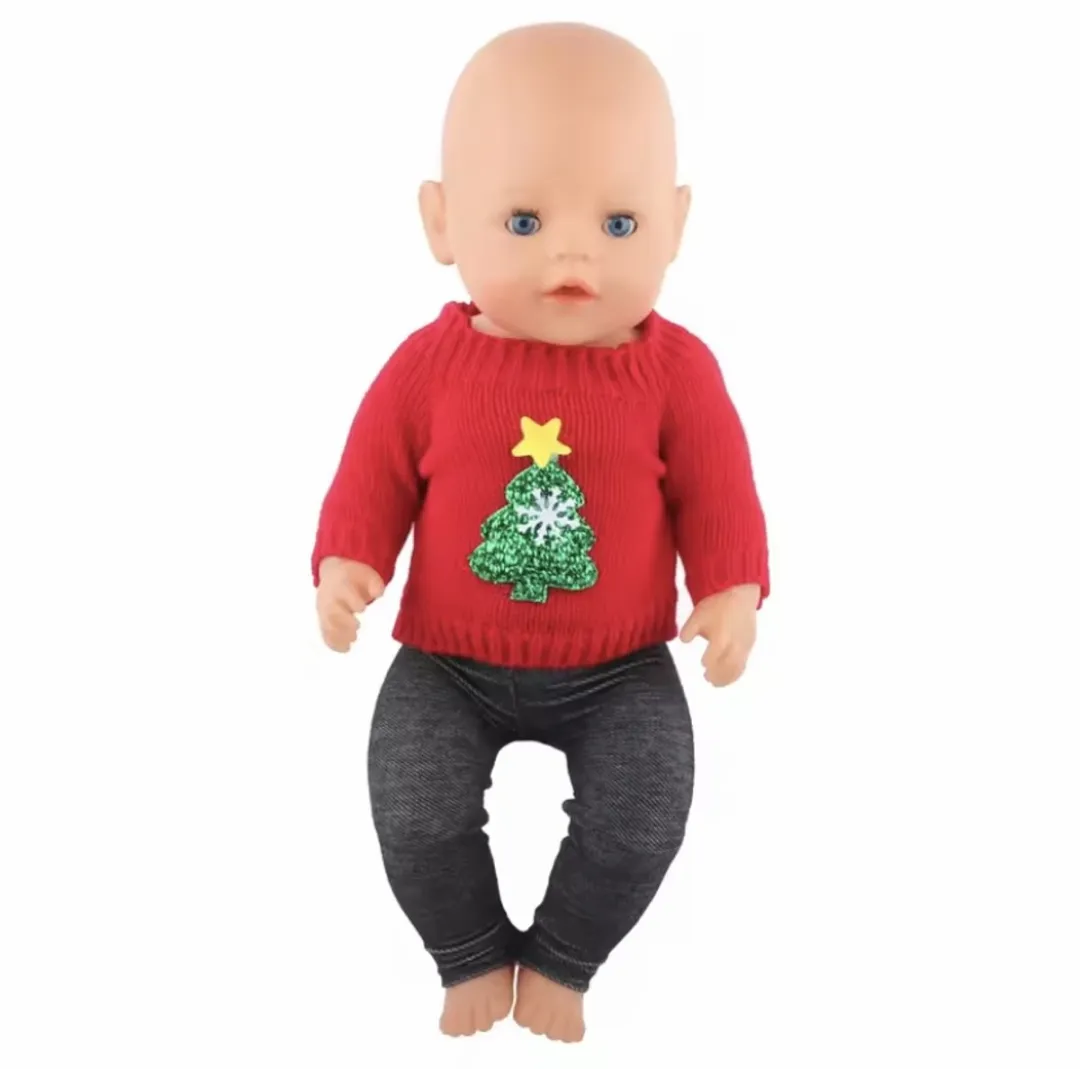 Happy U Kids Kerst Outfit Babypop - Rode Kersttrui met Boom & Spijkerbroek