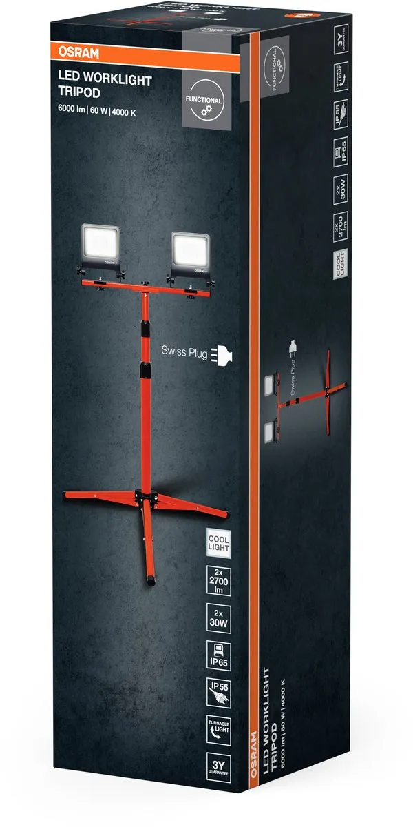 Osram LED Worklight Tripod CH Plug 2x30W - 5400lm 4000K - IP65