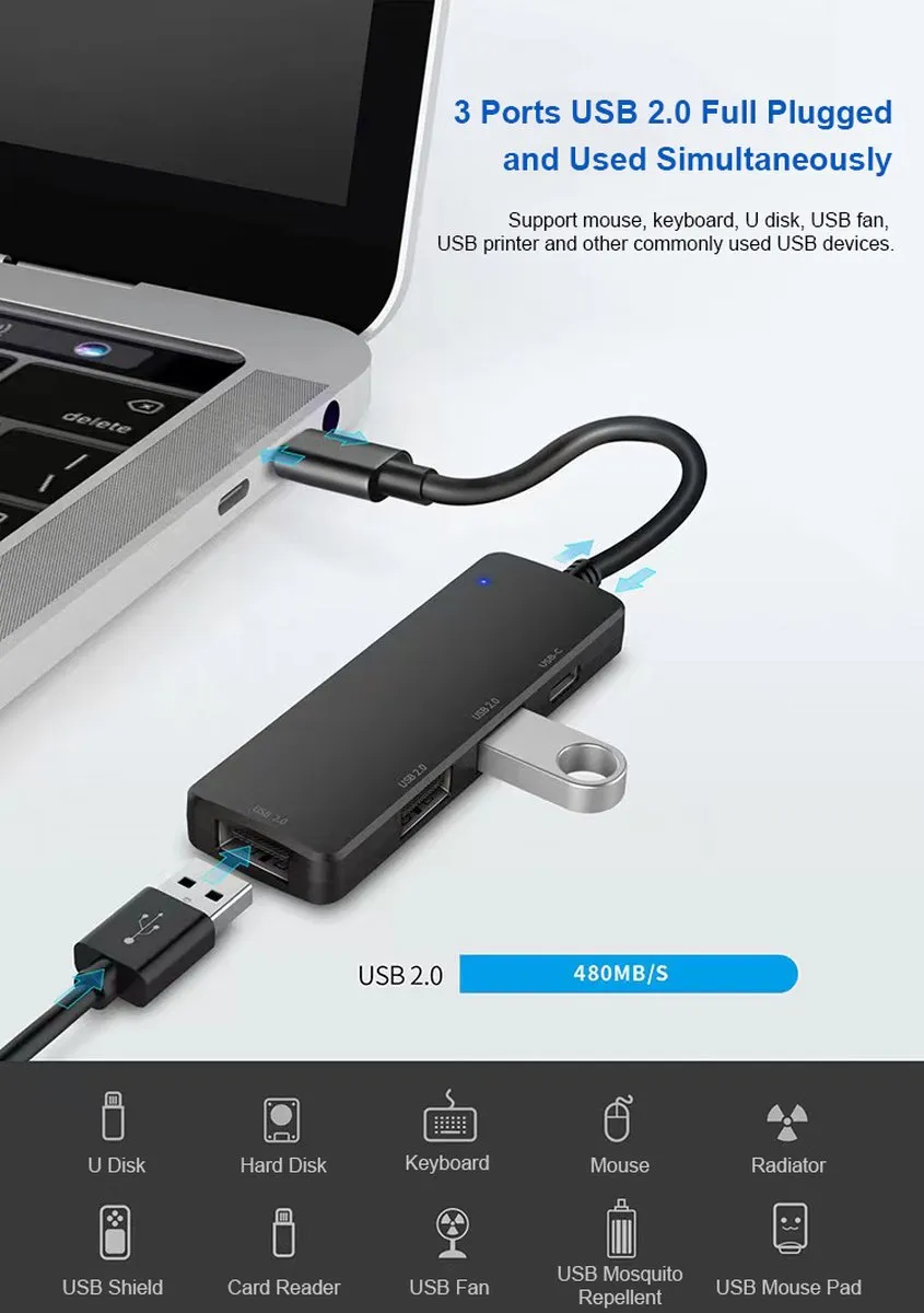 NÖRDIC USB-HUB9 USB-Hub - 4 Poorten (3x USB-A 2.0, 1x USB-C) - Zwart