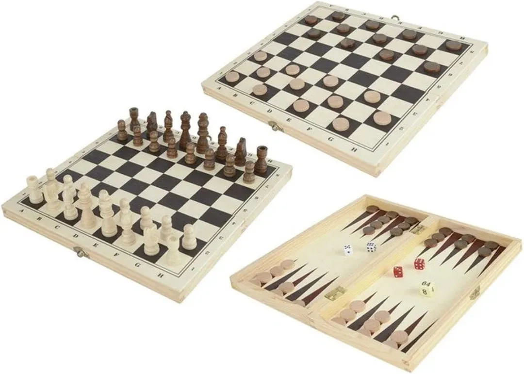 Eurekakids Schaken/Dammen/Backgammon 3-in-1 Houten Cassette - 29x29cm