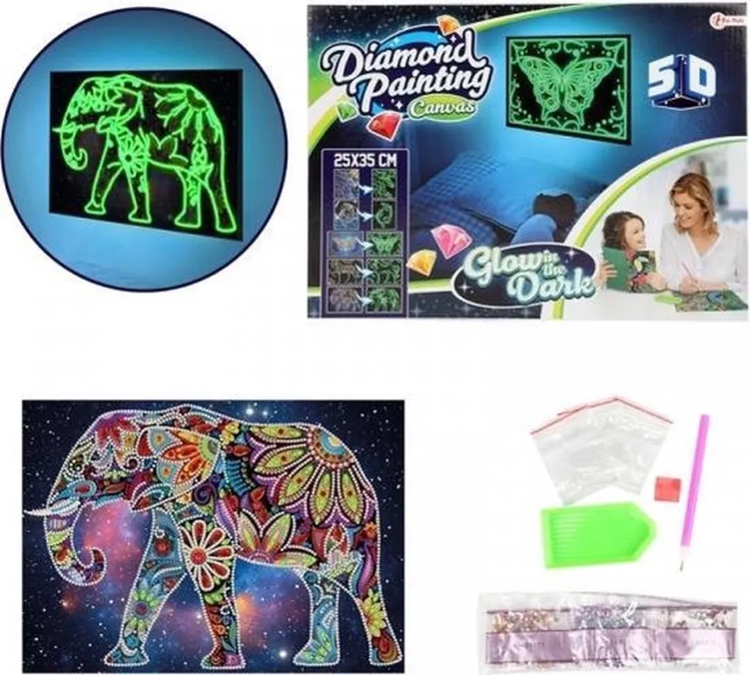 ToiToys Diamond Painting Glow in the Dark Olifant 25x35cm