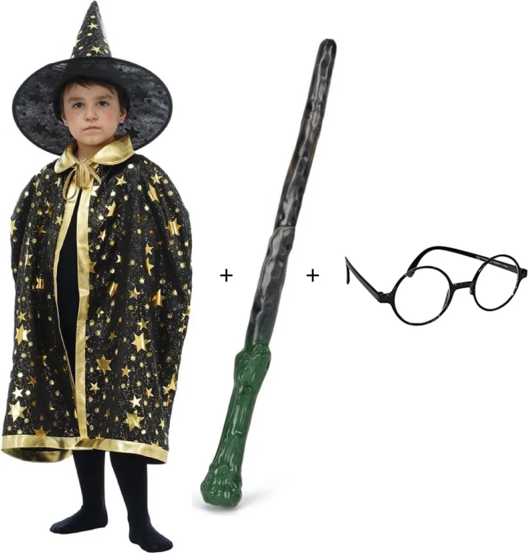 Jobber Toys Halloween Tovenaar Kostuum 3-7 jaar - Zwart/Goud/Groen